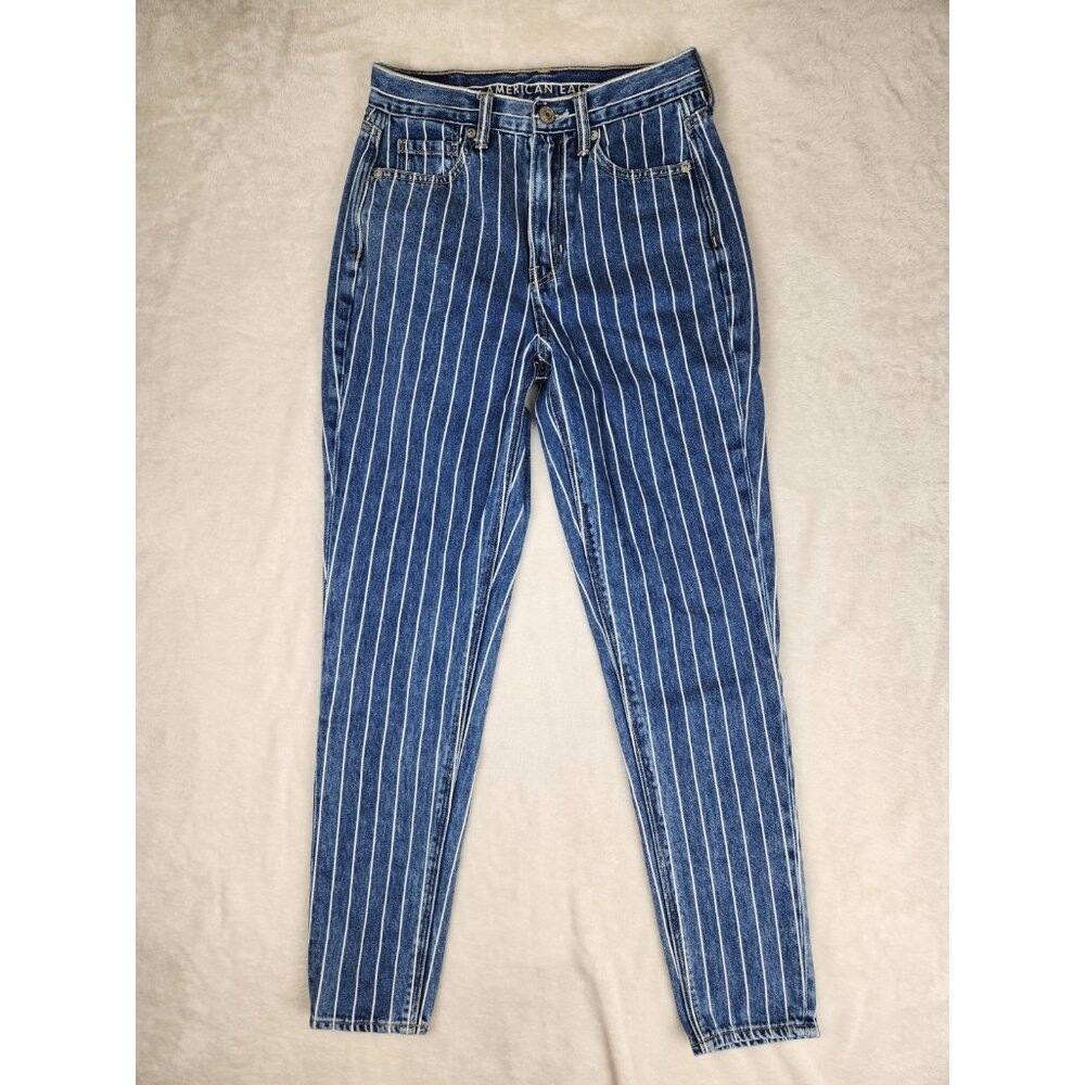 American Eagle Mom Jeans Womens 00 Blue White STRIPED Denim HIGH RISE 24 X 27